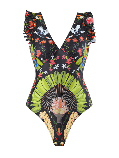 One Piece Women Printed Swimsuit Covering Belly Thin Flying Gauze Skirt Conservative Swimwear Women