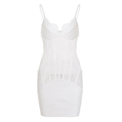 Women Clothing Sexy Lace Dress Waist Tight Sheer Mesh Chest Flattering V neck with Shoulder Straps