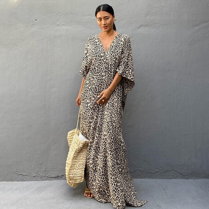 Leopard Print Long Cardigan Loose Beach Sun Protection Coat Beach Cover Up Swimsuit Outwear Women