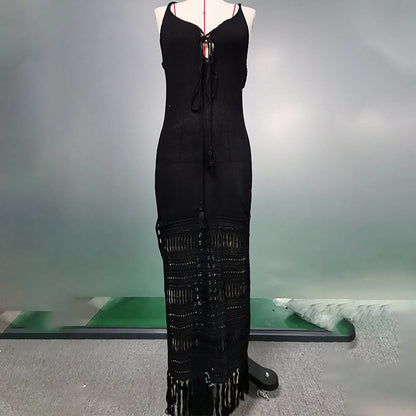 Summer Beach Dress Women Solid Color Spaghetti Straps Knitted Hollow Out Cinched Tassel Midi Dress Swimsuit Blouse Crochet hook