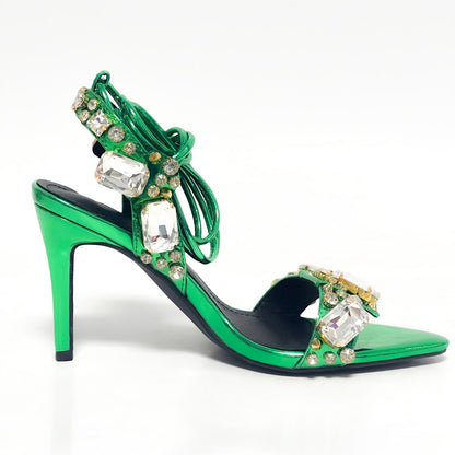11cm Pointed Gold Rivet Rhinestone Stiletto Heels Summer Sandals Shoes