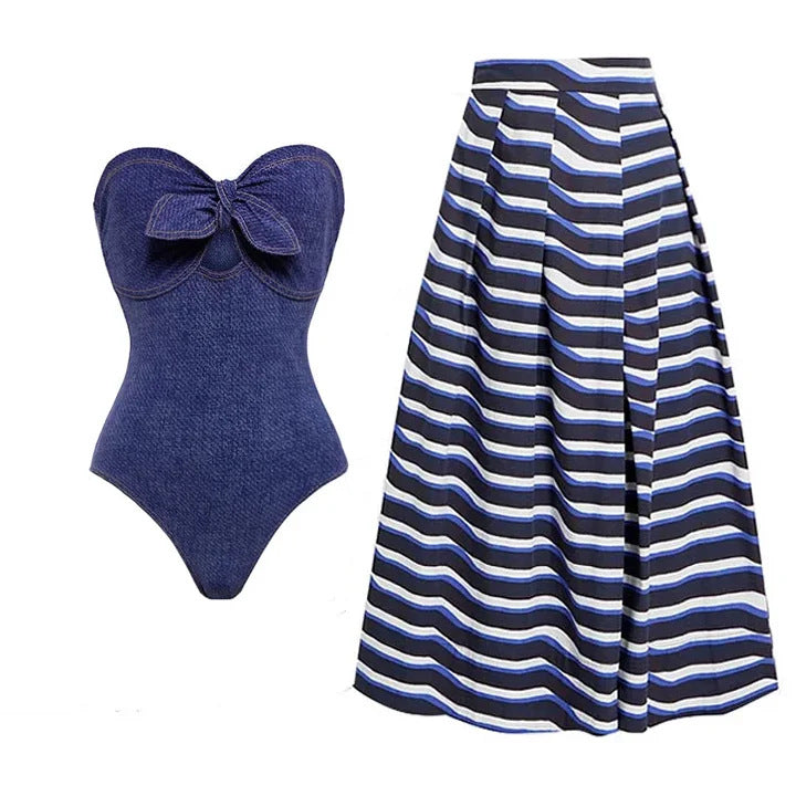 【MOQ-5 packs】 Cowboy Siamese Women Swimsuit European French Retro Cover Belly Slimming Swimsuit Vacation Beach Dress