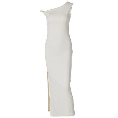 Women Clothing Summer Sexy Oblique Shoulder Slim Fit Slit Dress Women