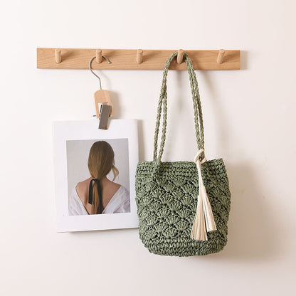 Tassel Shoulder Straw Bag Fan Hollow Out Cutout Pattern Woven Bag Women Vacation Beach Bag Women Bag
