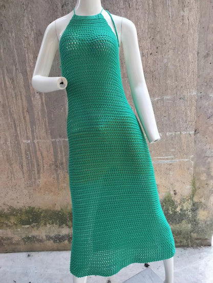 Halter Backless Maxi Dress Knitted Sleeveless Beach Bohemian Long Hollow Out Cutout Dress Women