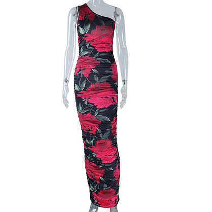 Floral Printed Sexy Oblique Shoulder Sleeveless Pullover Sheath Maxi Dress Women