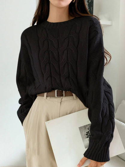 Autumn Winter Women Cable Knit Pullover Sweater Loose round Neck Solid Color All Matching Trendy Knitwear Top