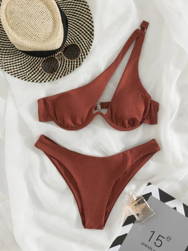 Sexy Women Seperated Swimwear Solid Color One Shoulder Underwire Bikini