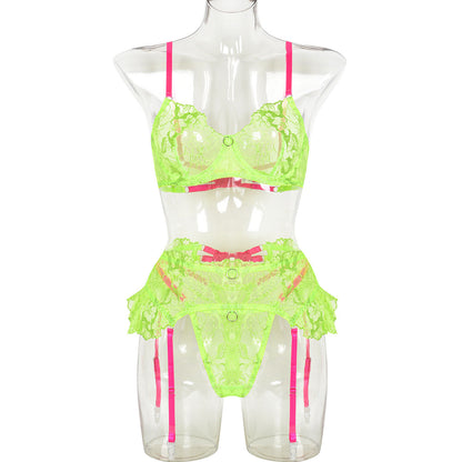 Women Clothing Embroidered Floral Exquisite Underwear Complex Process Sexy Contrast Color Three Piece Set
