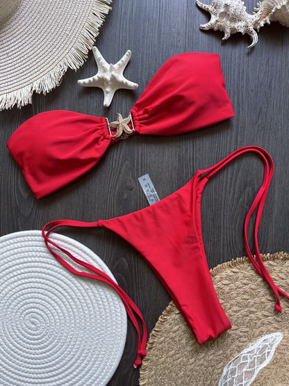 Nylon Fabric Five-Pointed Star Accessories Solid Color Bikini Sexy Backless Split Swimsuit Bikini