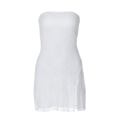 Women Tube Top Stitching Lace Slim Sexy Slit Short Dress