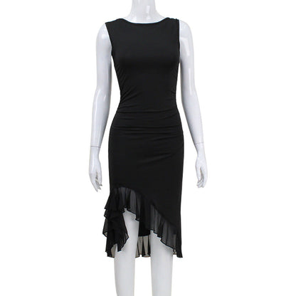 Women Clothing Sexy Sleeveless Vest Dress Backless Gauzy Stitching Irregular Asymmetric Swing Dress Women