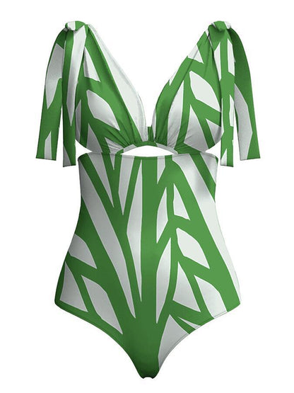 One Piece Swimsuit Women Color Striped Printing Hollow Out Cutout Deep V Plunge Covering Belly Thin Bikini