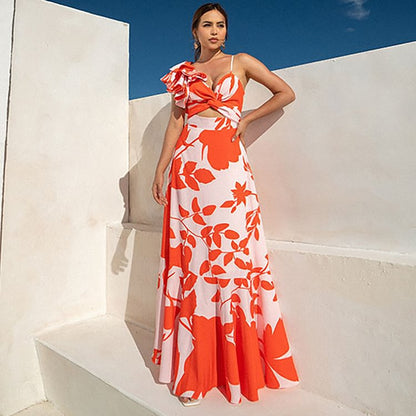 One Shoulder Ruffled Hollow Out Cutout Printed One Piece Swimsuit Women Skirt