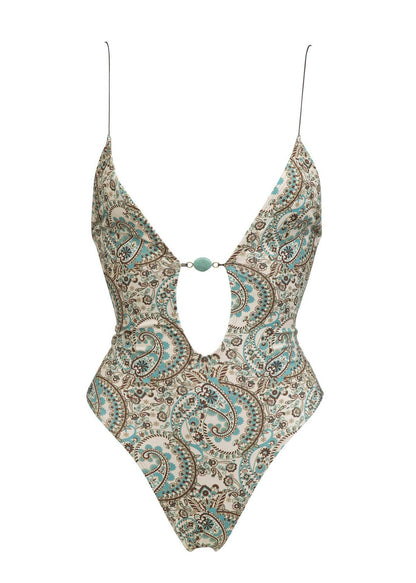 Sexy Deep V Plunge One Piece Swimsuit Women Summer Sexy Printed Lace up Backless Swimsuit