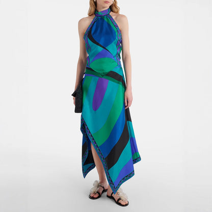 Printed Satin Halter Backless Top Irregular Asymmetric Skirt Two Piece Sets