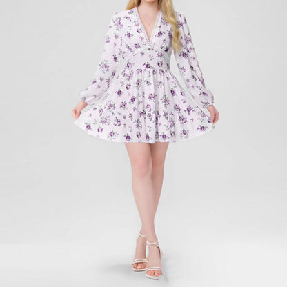Spring Women Clothing Sweet Elegance Printed V neck Lace Waist Trimming Short Dress