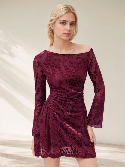Arrival Women Clothing Sexy off the Shoulder Short Dress Velvet Burnt Floral Long Sleeve Mini Dress