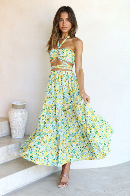 Spring Summer Sexy Halterneck Printed Tied Top Large Swing Dress for Women Floral Burst
