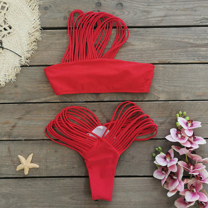 Women One Shoulder Tube Top Solid Color Split Swimsuit Sexy Bikini Bikini