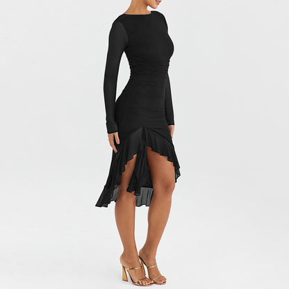 Autumn Sexy Trend Round Neck Slim Fit Long Sleeved Mesh Stitched Backless Sheath Dress