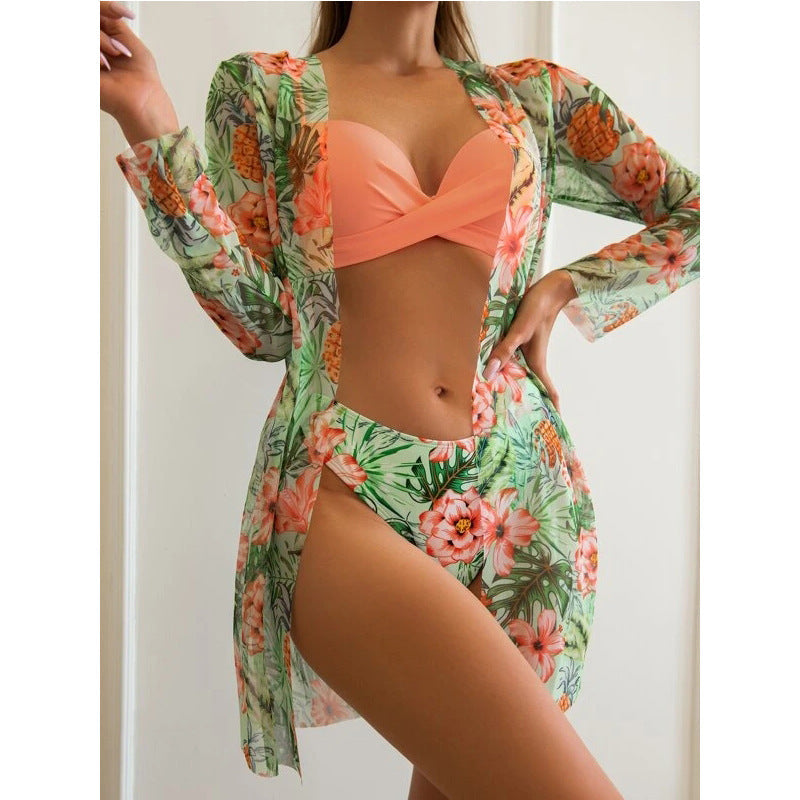 Three Piece Swimsuit Green Leaf Printed Bikini Hard Bag Bikini Manufacturer