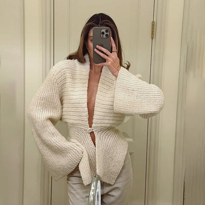 Autumn Winter Women Clothing Deep V Plunge neck Sexy Hollow Out Cutout Loose Sweater Cardigan Coat