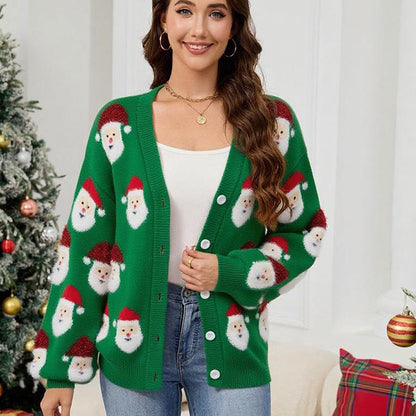 Women Casual Santa Claus Brocade Sweater Cardigan Autumn Winter Christmas Sweater