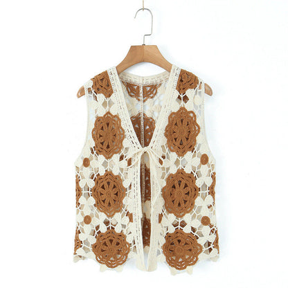 Spring Arrival Contrast Color Crocheted Top Comfort Casual Women Clothing Hong Kong Retro Hollow Out Cutout Design Vest