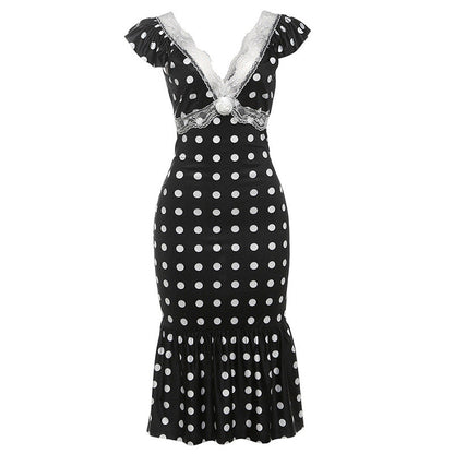 Women Clothing Autumn Elegance Retro V neck Slim Fit Sexy Backless Lace Polka Dot Dress Women