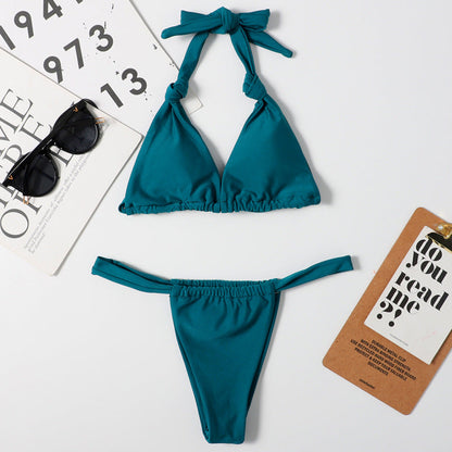 Nylon Double Sided Women Split Solid Color Sexy Bikini Halter Lace Up Triangle Bikini Swimsuit