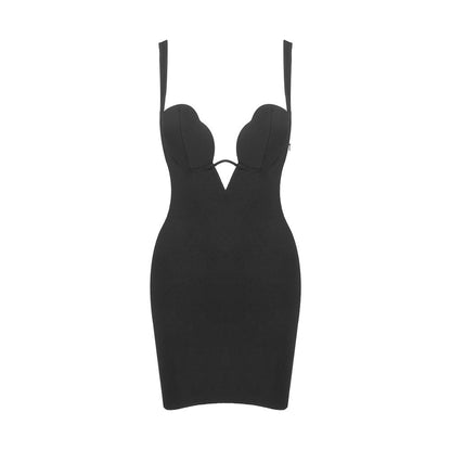 Sexy V neck Strap Zipper Furcal Lower Hem Dress Nightclub Black French Dress