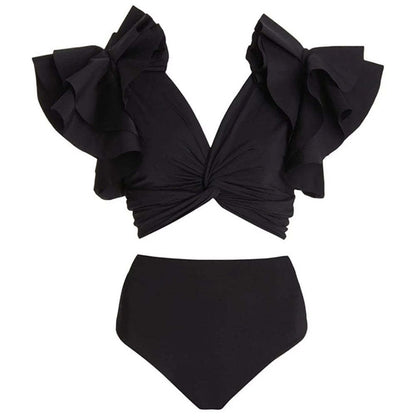 Retro High Waist Split Swimsuit Women Ruffled Bikini Swimsuit Chiffon Beach Skirt Set