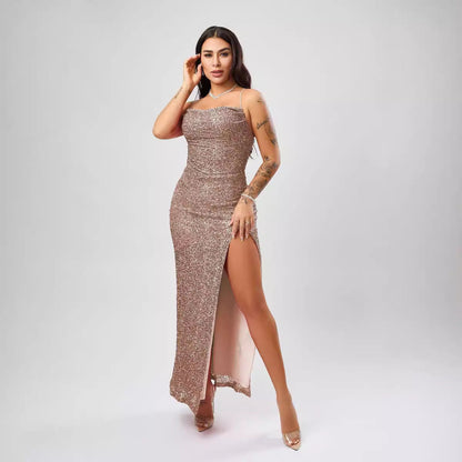 Sequin Formal Dress Autumn Winter Women Sexy Sleeveless Split Dress