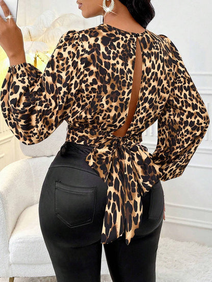 Women Clothing Fall Satin Satin Shirt Sexy Leopard Print Top Shirt