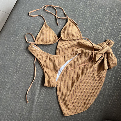 Swimsuit Three Piece Backless Drawstring Banded Bikini Bikini Three Piece Swimsuit