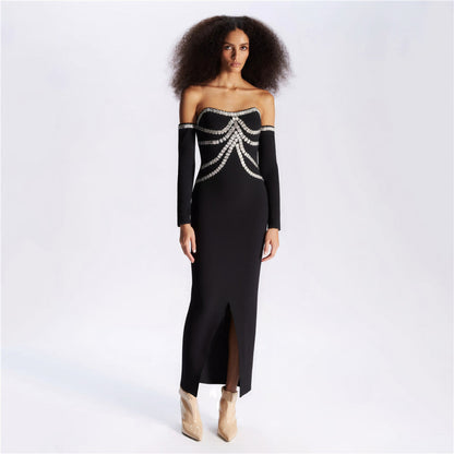 Heavy Industry Beads Rhinestone off-Shoulder Bandage One Piece Dress Party Dinner Tube Top Split Dress