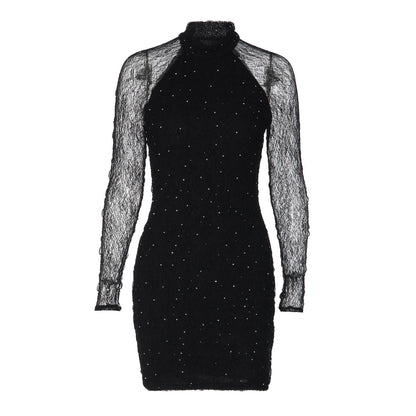 Women Winter Sexy Slim Lace Rhinestone Sheath Long Sleeve Dress