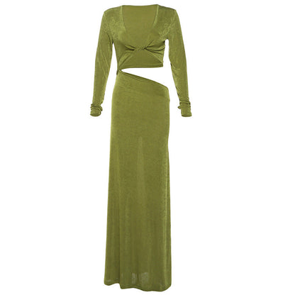 Autumn Winter Women Clothing Sexy Deep V Plunge neck Solid Color Slim Fit Sheath Long Sleeve Dress Women