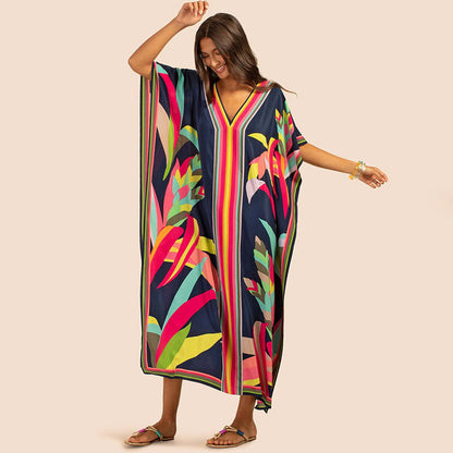 Printing Beach Cover Up Robe Vacation Skirt Maxi Dress Bikini Cover Up Women