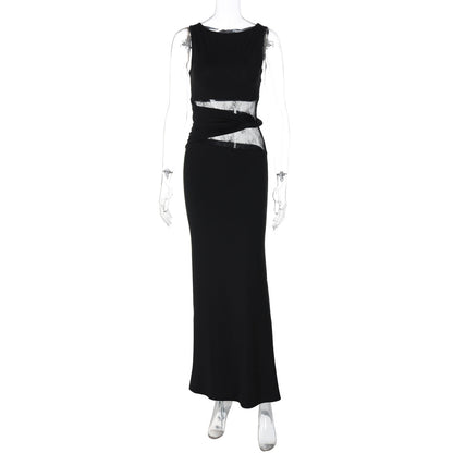 Summer Sleeveless Sexy Lace Stitching Maxi Dress Elegant Slim Fit Dress