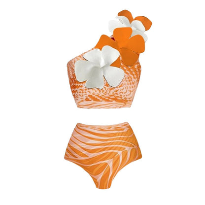 Retro Split Swimsuit Sexy One Shoulder Swimsuit Chiffon Beach Skirt Set for Vacation