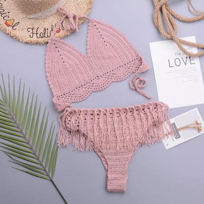 Vacation Sexy Characteristic Handmade Crochet Tassel Hollow Out Cutout out Strap Bikini Women Set