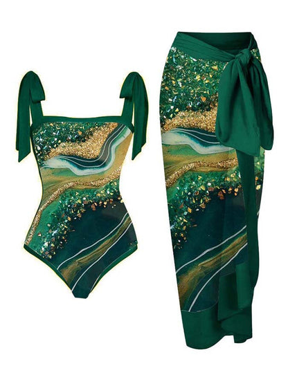 Customized Printed Two-Piece One-Piece Swimsuit Conservative Cover Hip Skirt Swimsuit