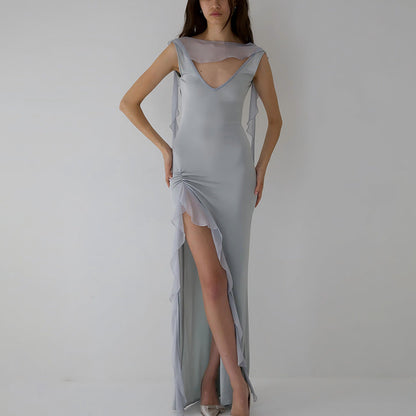Summer Elegant Ribbon Women Dress Sexy Backless High Slit Ruffled Slim Dress