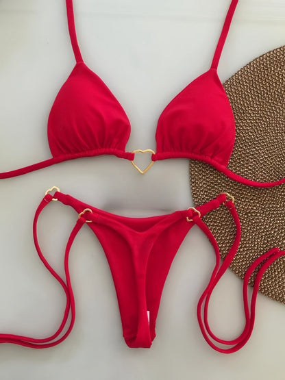 Nylon Solid Color Love Bikini Low Waist Lace up