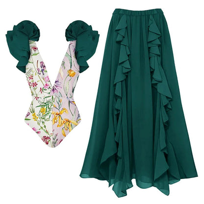 Sexy Swimsuit Women Conservative Cover Belly Swimsuit Spring Chiffon Beach Skirt Set Swimsuit