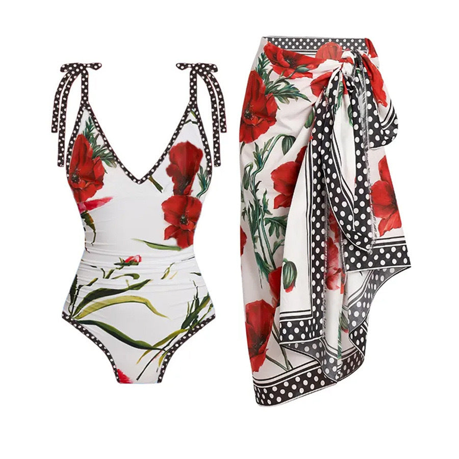 Two Piece One Piece Gauze Dress Sunscreen Swimwear Polka Dot Printed Belly Covered Slimming Swimsuit Women