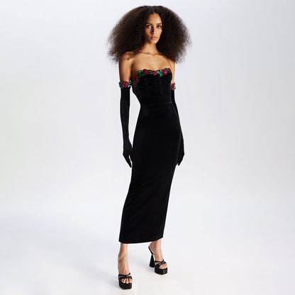 Spring Summer Floral Sequin Lace Decoration Velvet Dress Women Clothing Dress with Gloves
