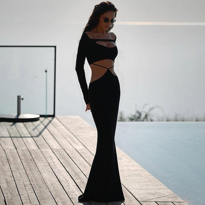 Fall Women Clothing Solid Color Sexy Cutout off Neck Slim Fit Long Sleeve Narrow Dress Women
